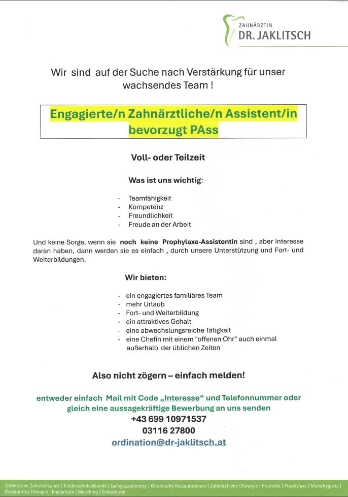 Engagierte/n Zahnärztliche/n Assistent/in bevorzugt PAss 2