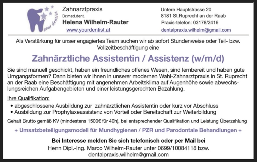 Suche Zahnarztassistentin in St.Ruprecht an der Raab